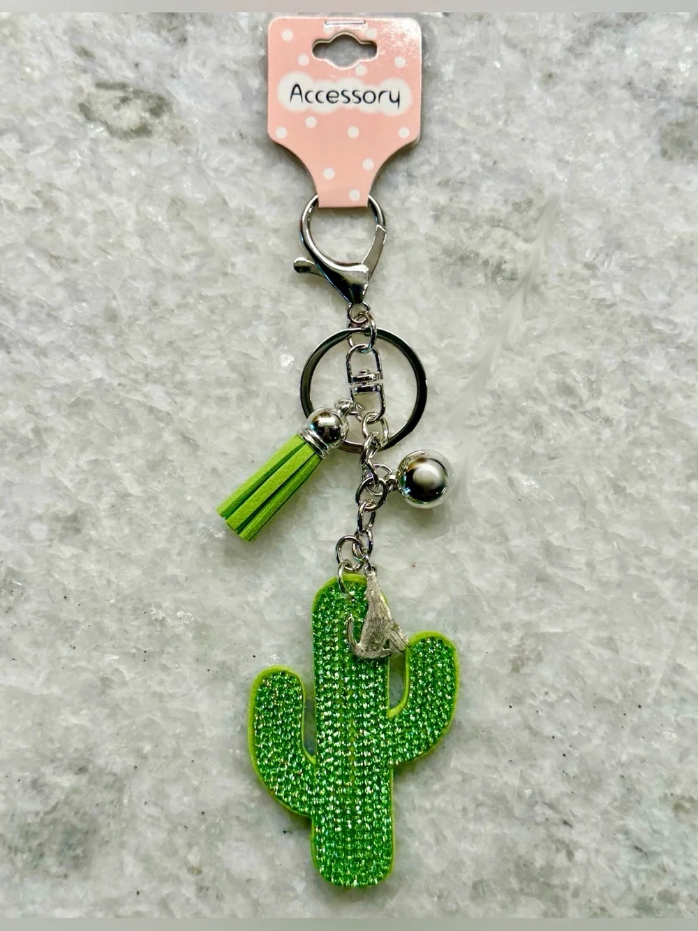 New Green Crystal Desert Cactus w/ Howling Coyote Purse Bag Charm Keychain 6.75”